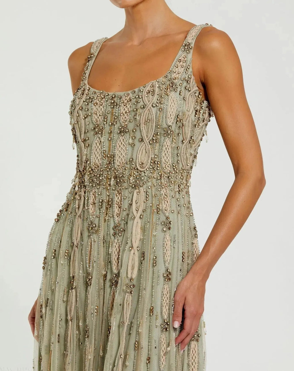 Green Sleeveless Scoop Neck Embellished Midi Dress
