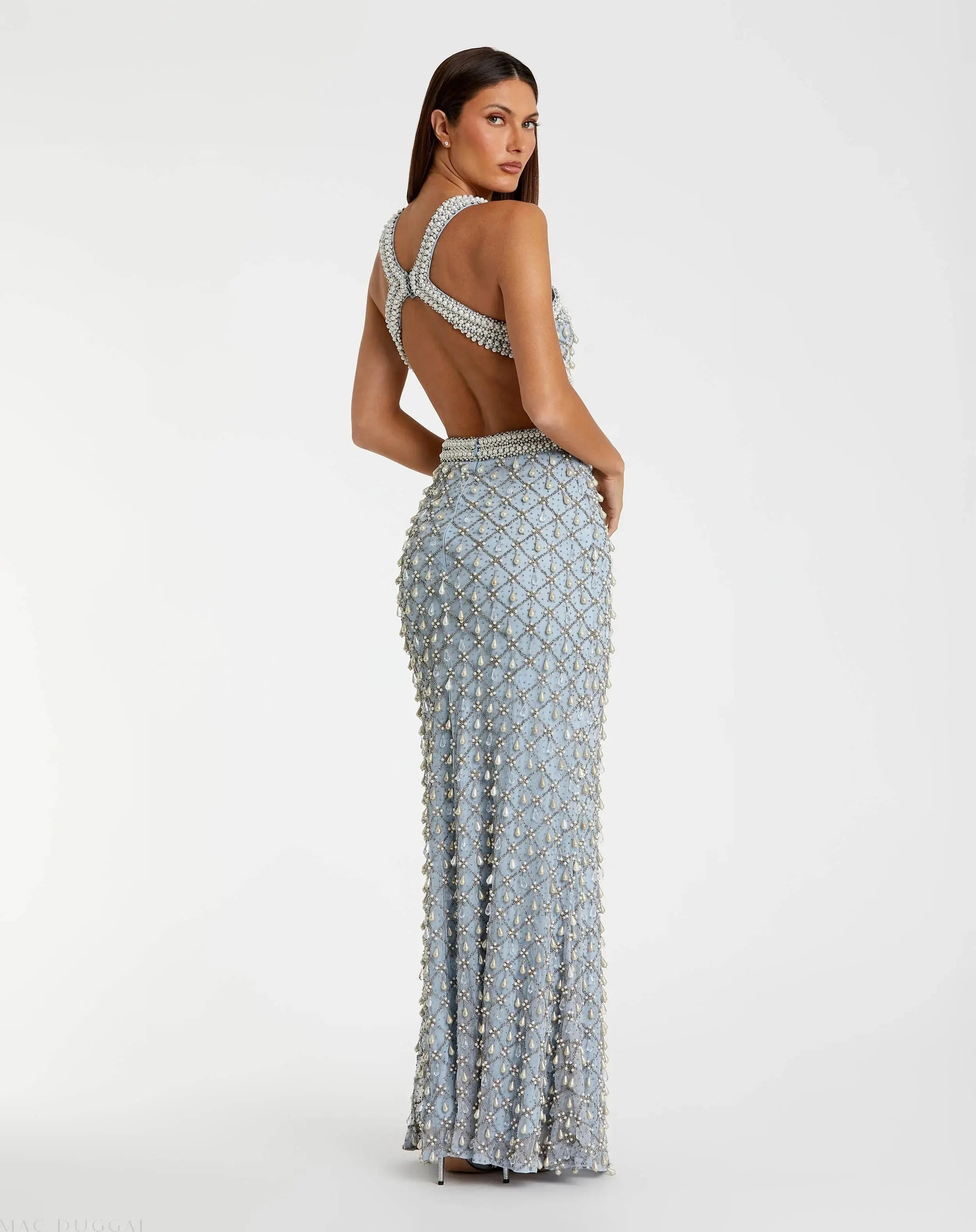 Blue Pearl Embellished Open Back Gown