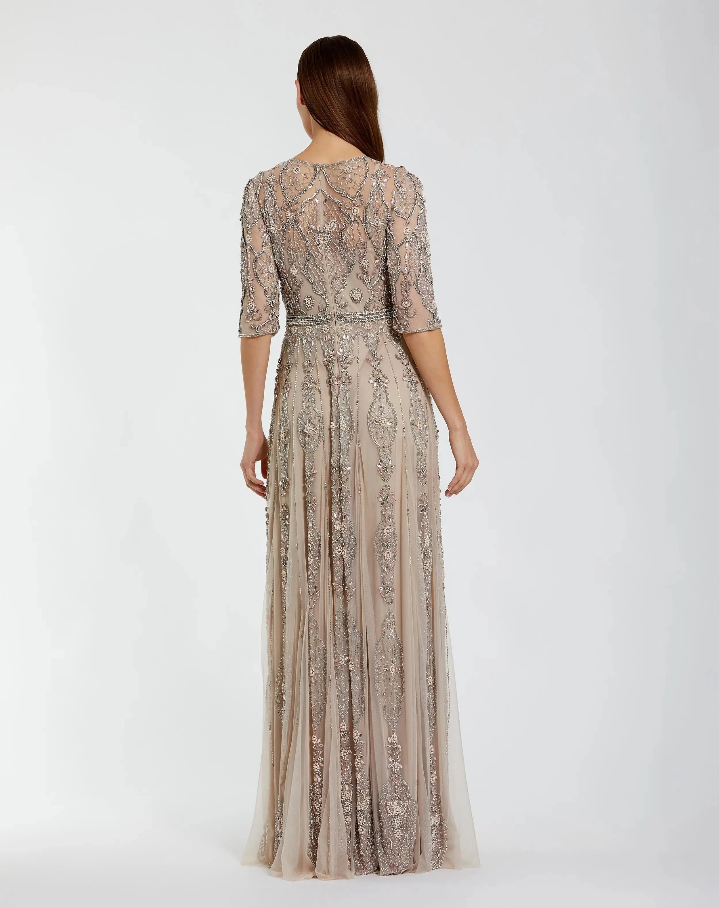 Beige 3/4 Sleeve Embellished A-line Gown