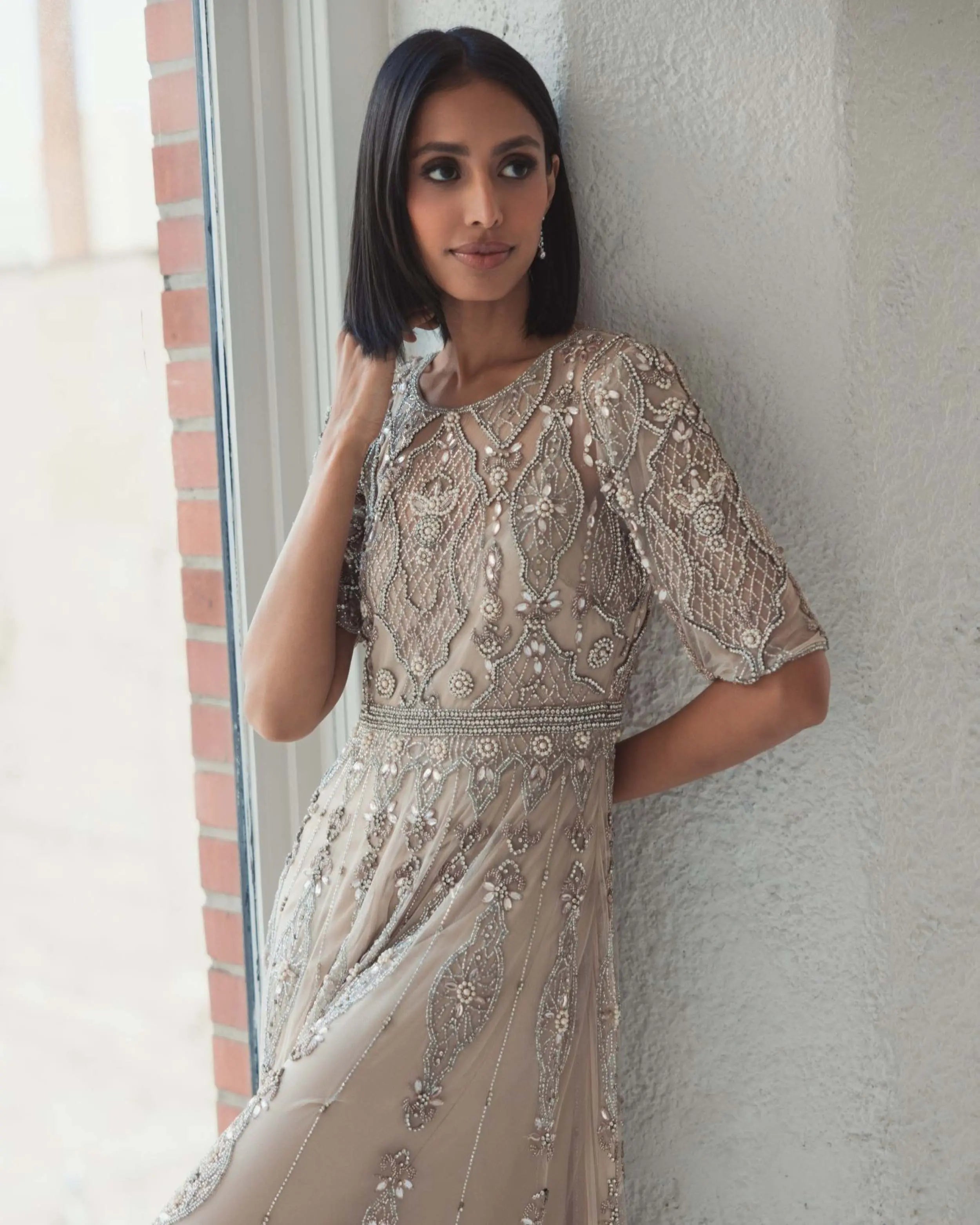 Beige 3/4 Sleeve Embellished A-line Gown