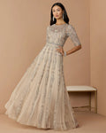 Beige 3/4 Sleeve Embellished A-line Gown