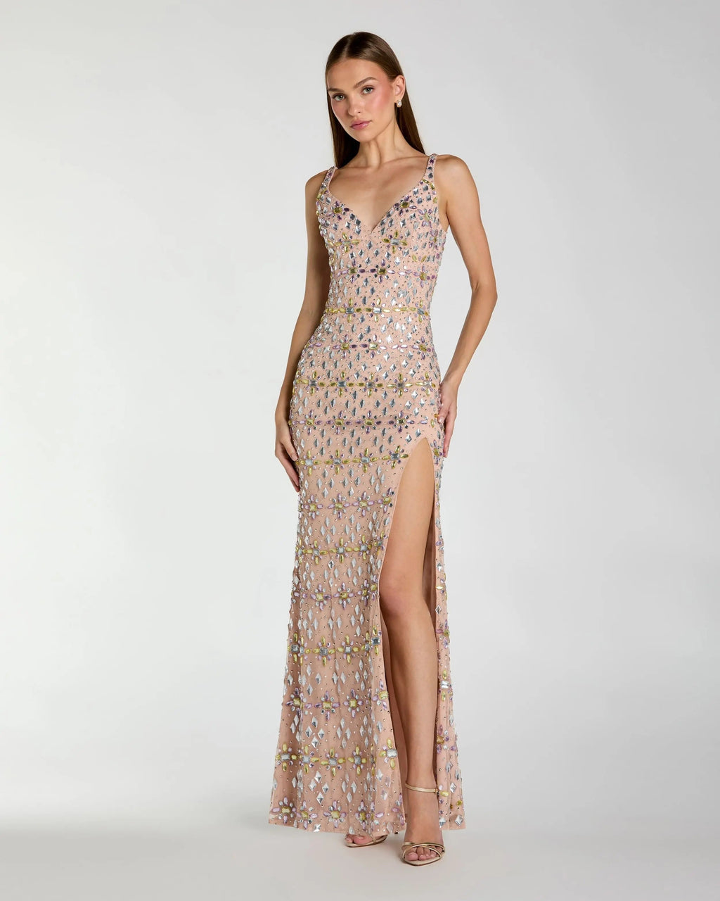 Beige Embellished V Neck Column Gown With Slit