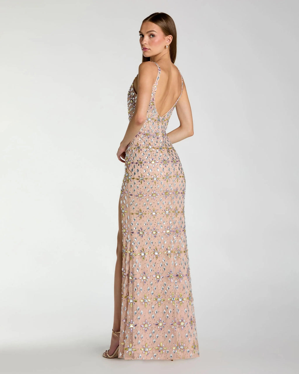 Beige Embellished V Neck Column Gown With Slit