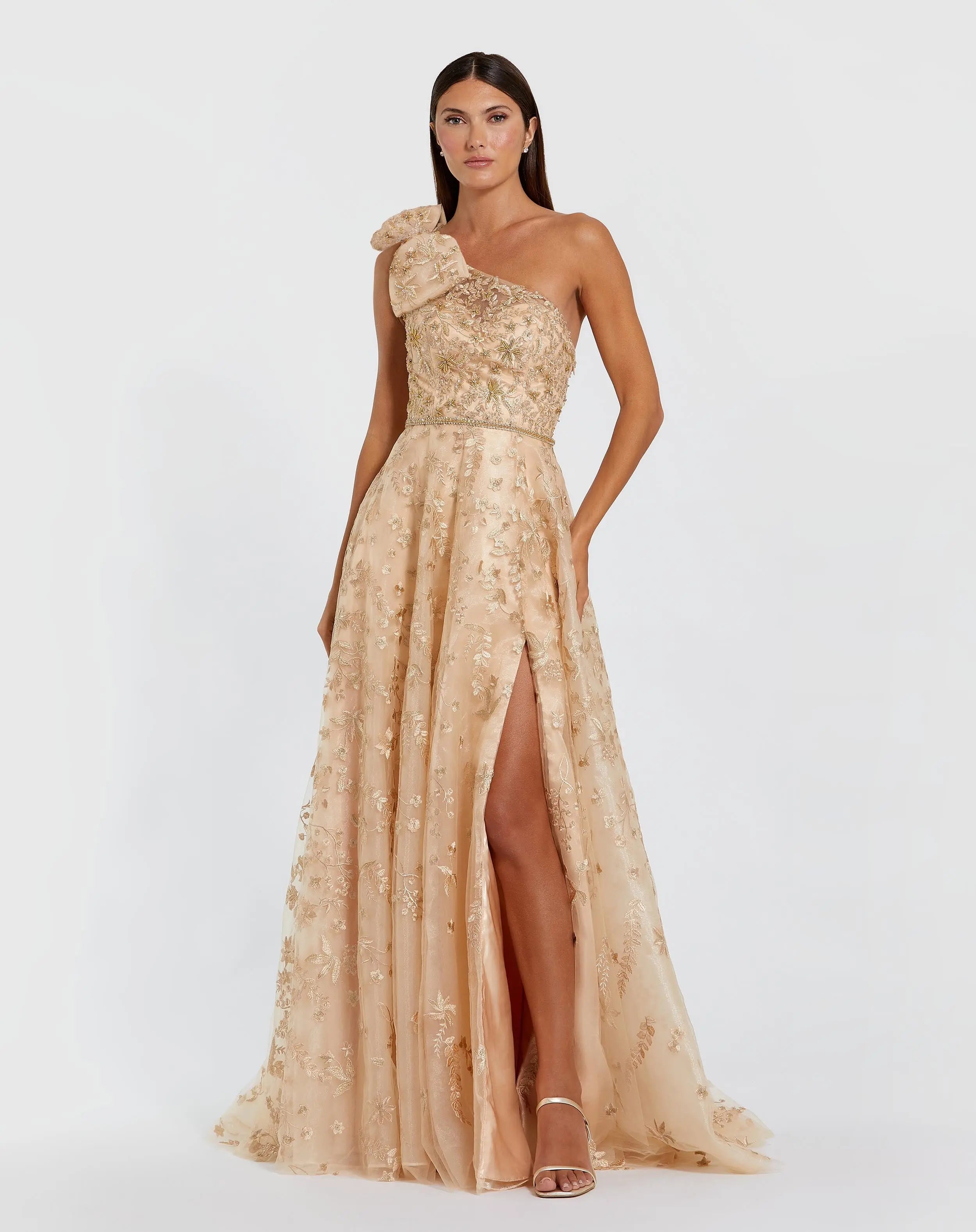 Beige Embellished Bow One Shoulder A Line Gown