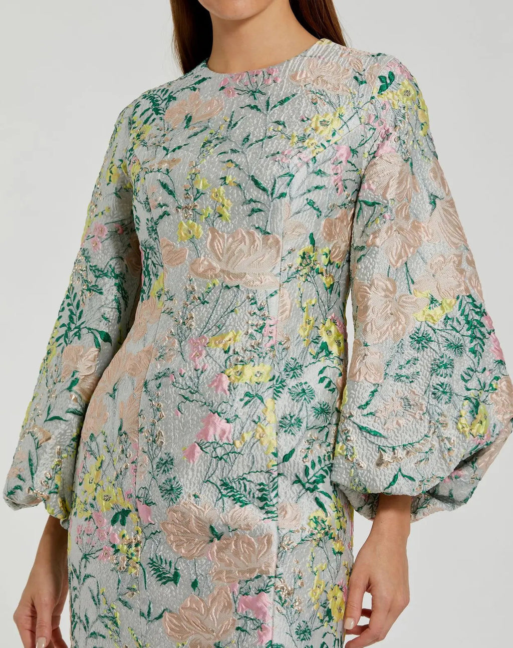 Multicolor Floral Brocade Puff Sleeve Fitted Mini Dress