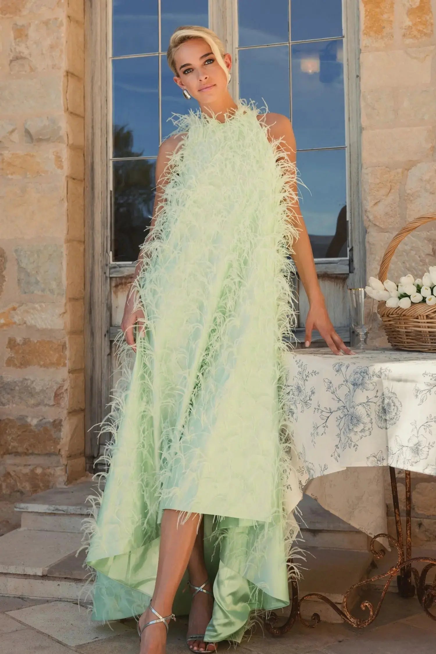 Green Sleeveless Feather Embellished High Low Gown