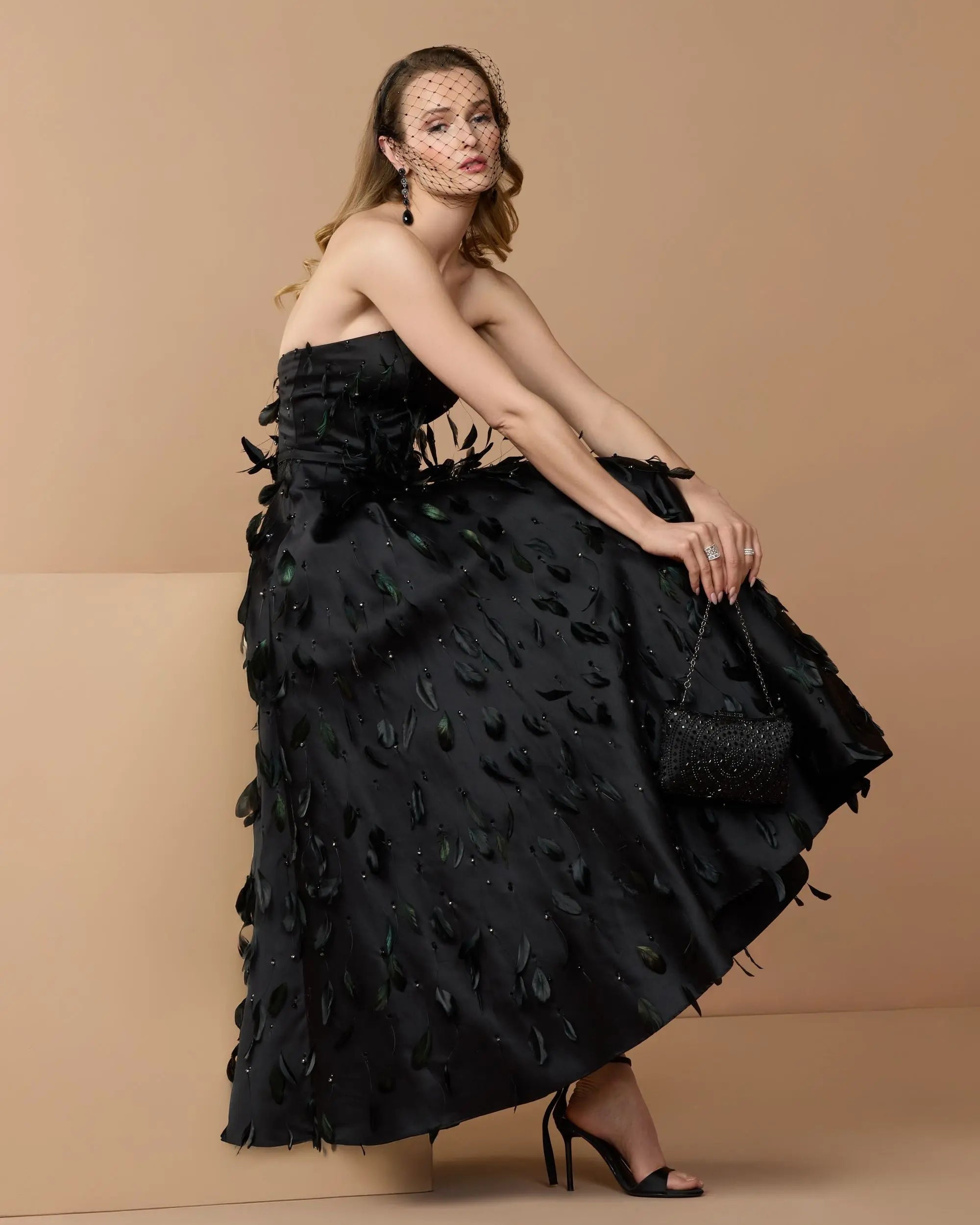 Black Strapless Feather Embellished Satin A-Line Dress