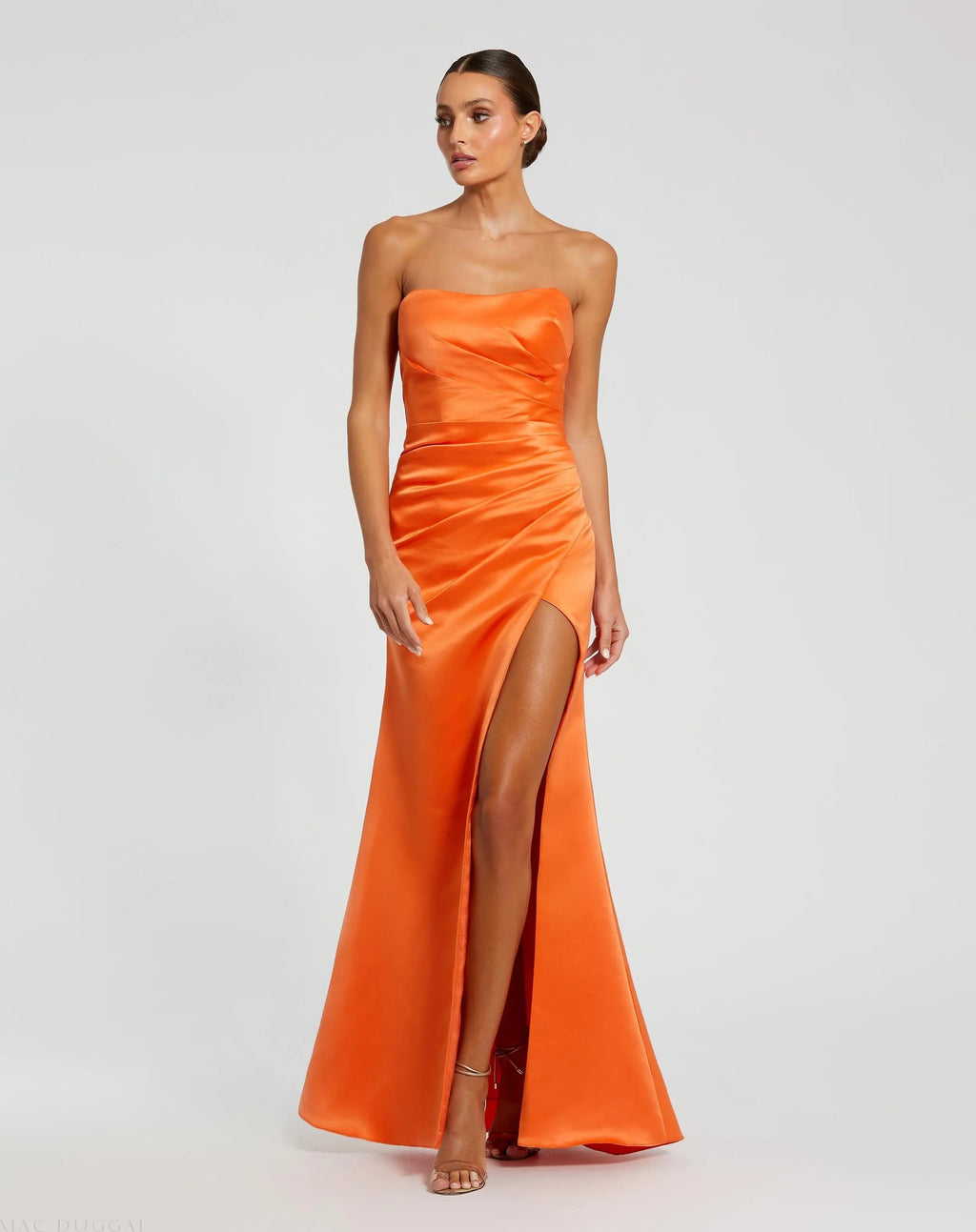 Orange  Strapless Satin Gown With Slit