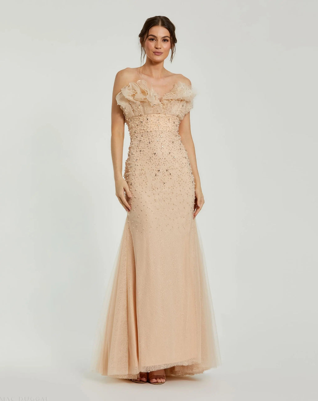 Beige Strapless Embellished Tulle Mermaid Gown