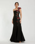 Black One Shoulder Embroidered Mermaid Gown