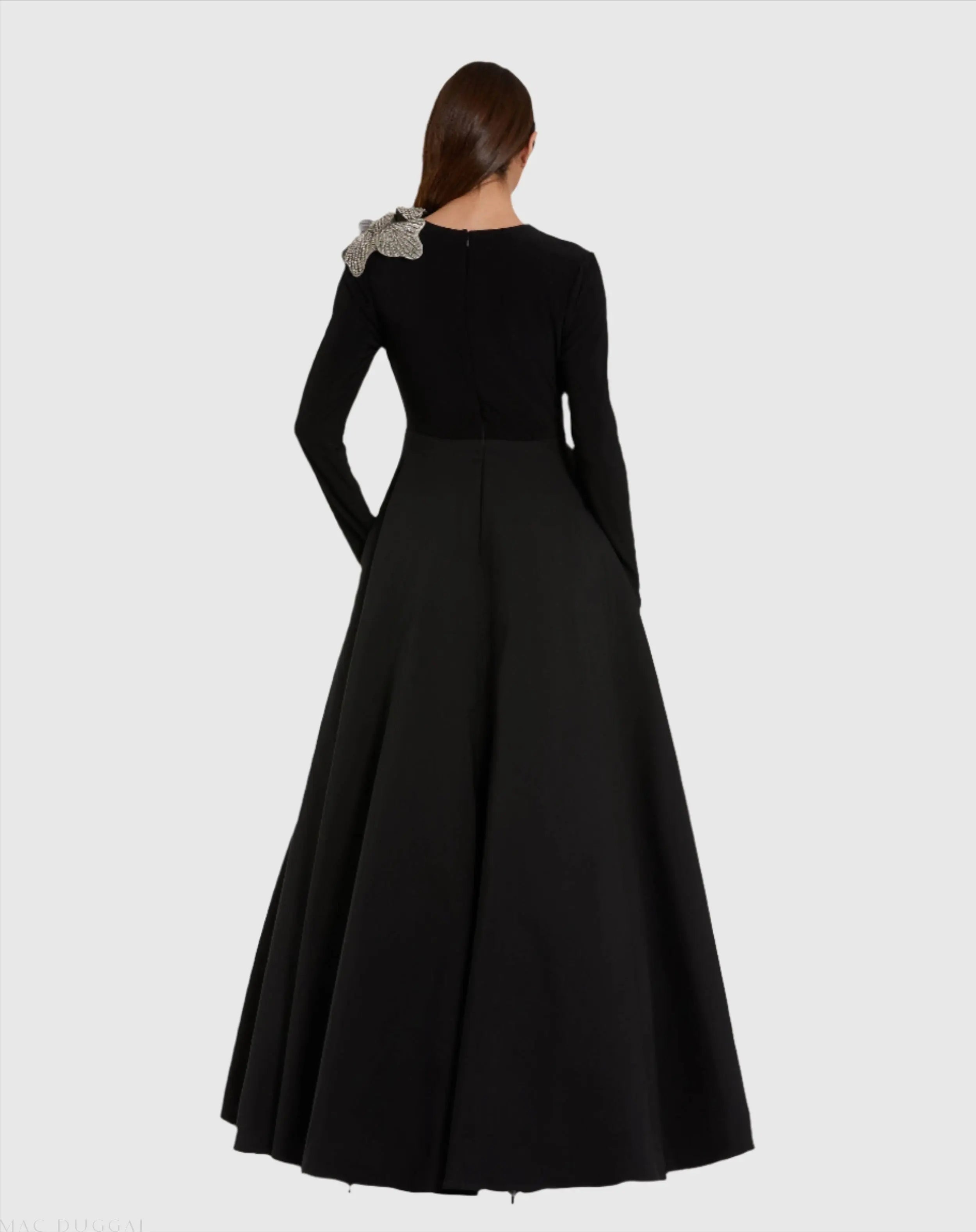 Black Long Sleeve Taffeta Ball Gown With 3D Rhinestone Flower