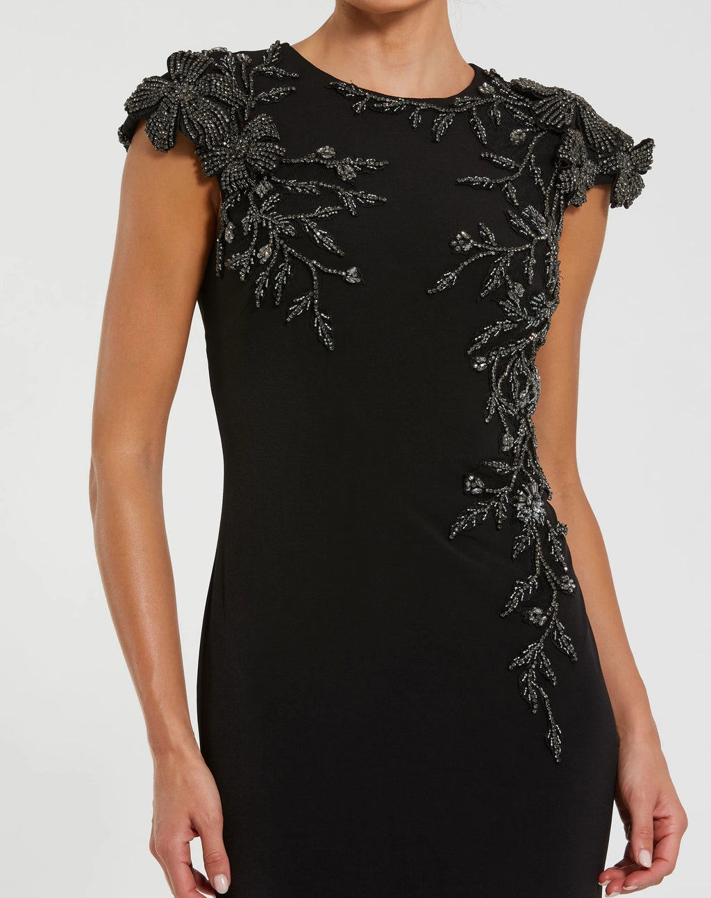 Black Cap Sleeve Jersey Column Gown With Beaded Flowers