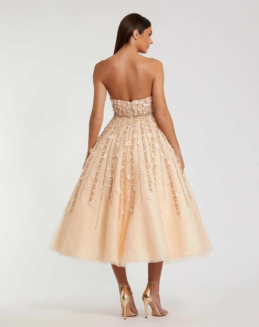 Beige Floral Embellished Strapless A-Line Midi Dress