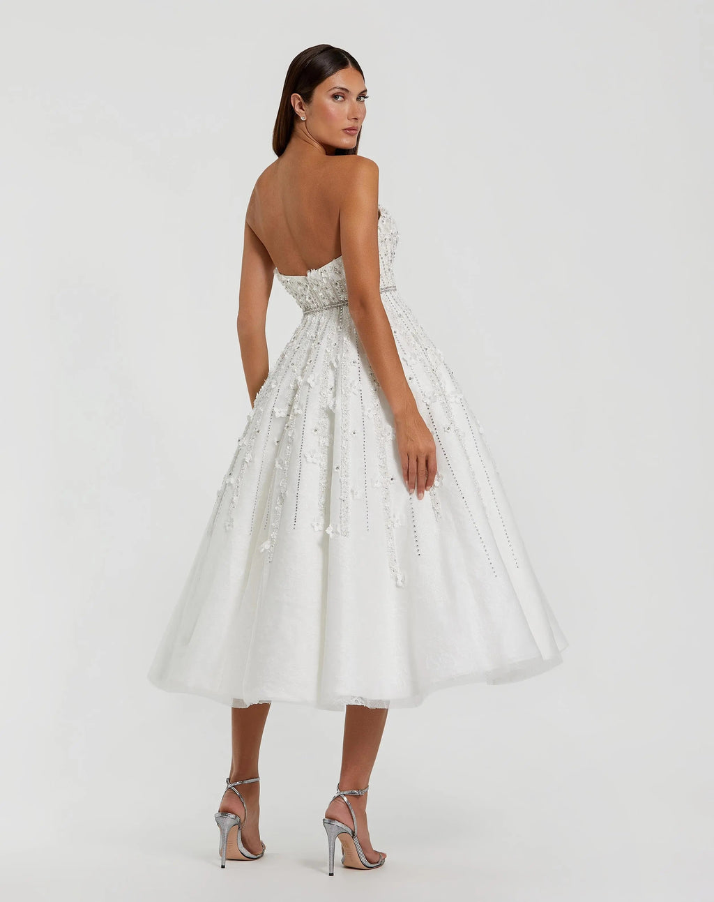 White Floral Embellished Strapless A-Line Midi Dress
