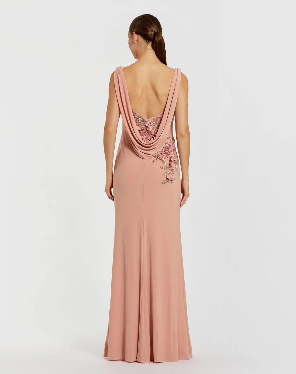 Pink Sleeveless Jersey Cowl Neck Gown With Beading