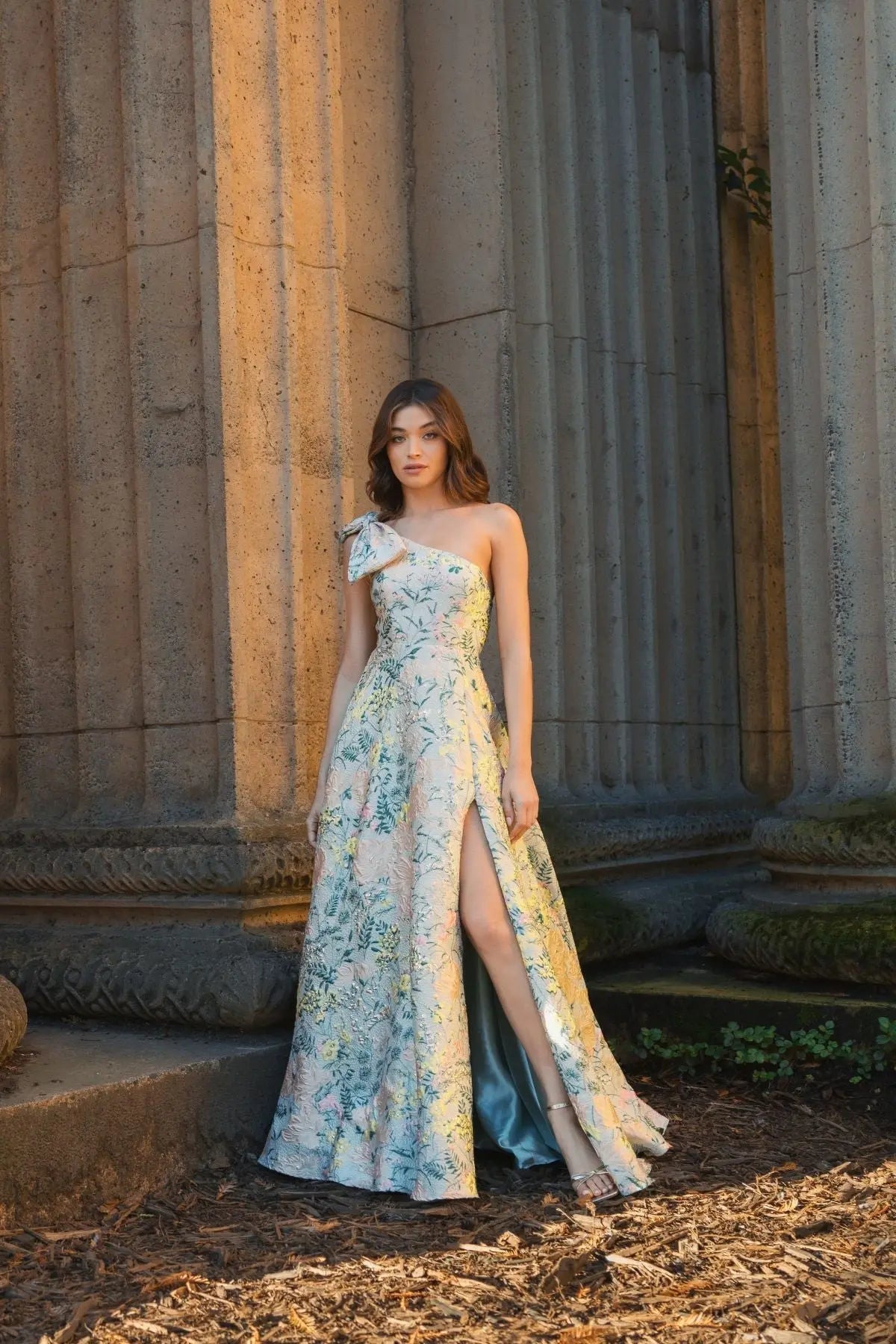 Multicolor One Shoulder Brocade Floral Gown With Bow