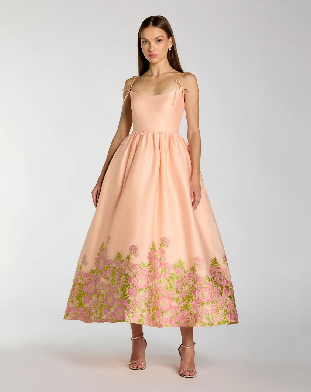 Peach Spaghetti Strap Organza Midi Dress With Bow Detail