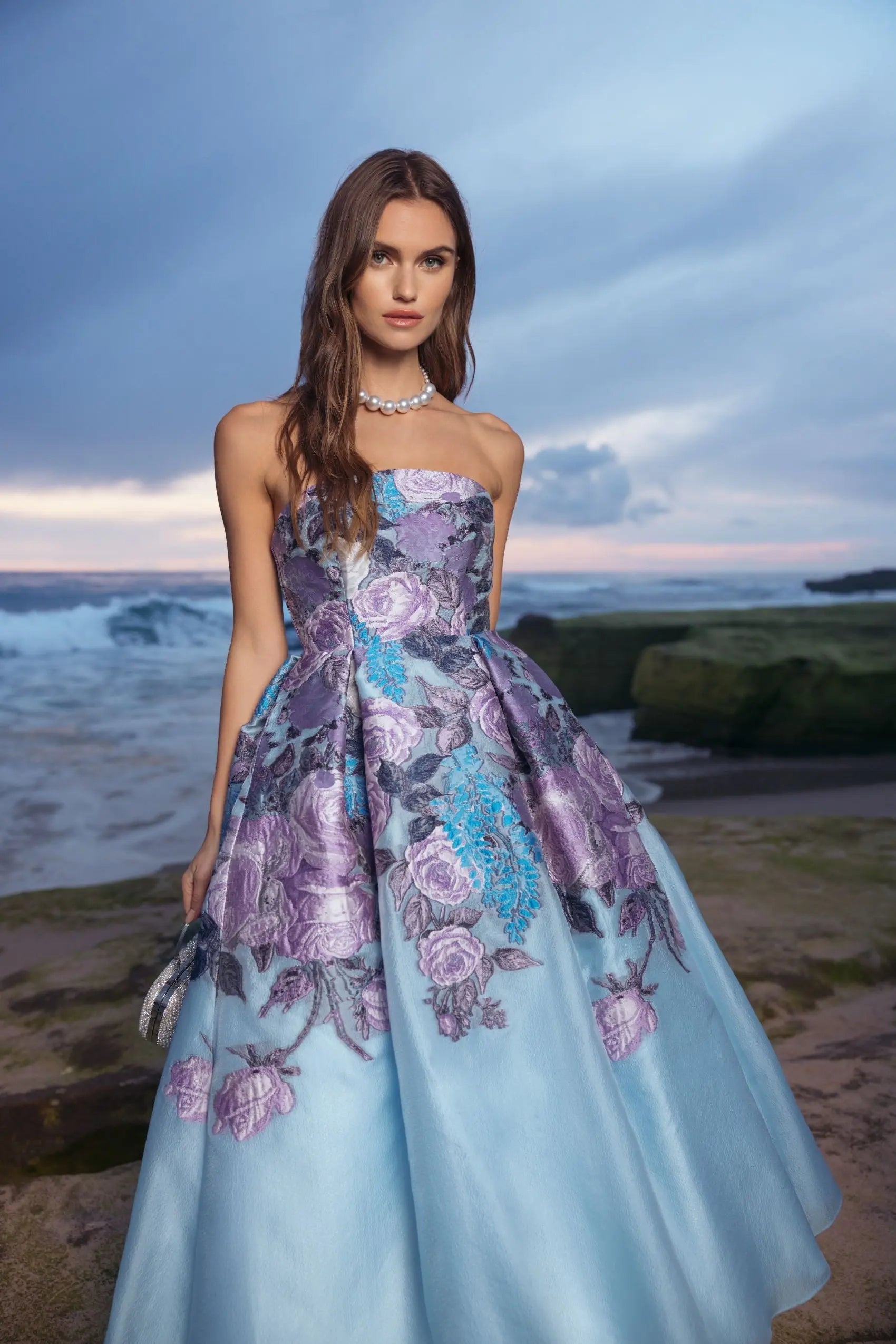 Blue Floral Embroidered Strapless Organza Midi Dress