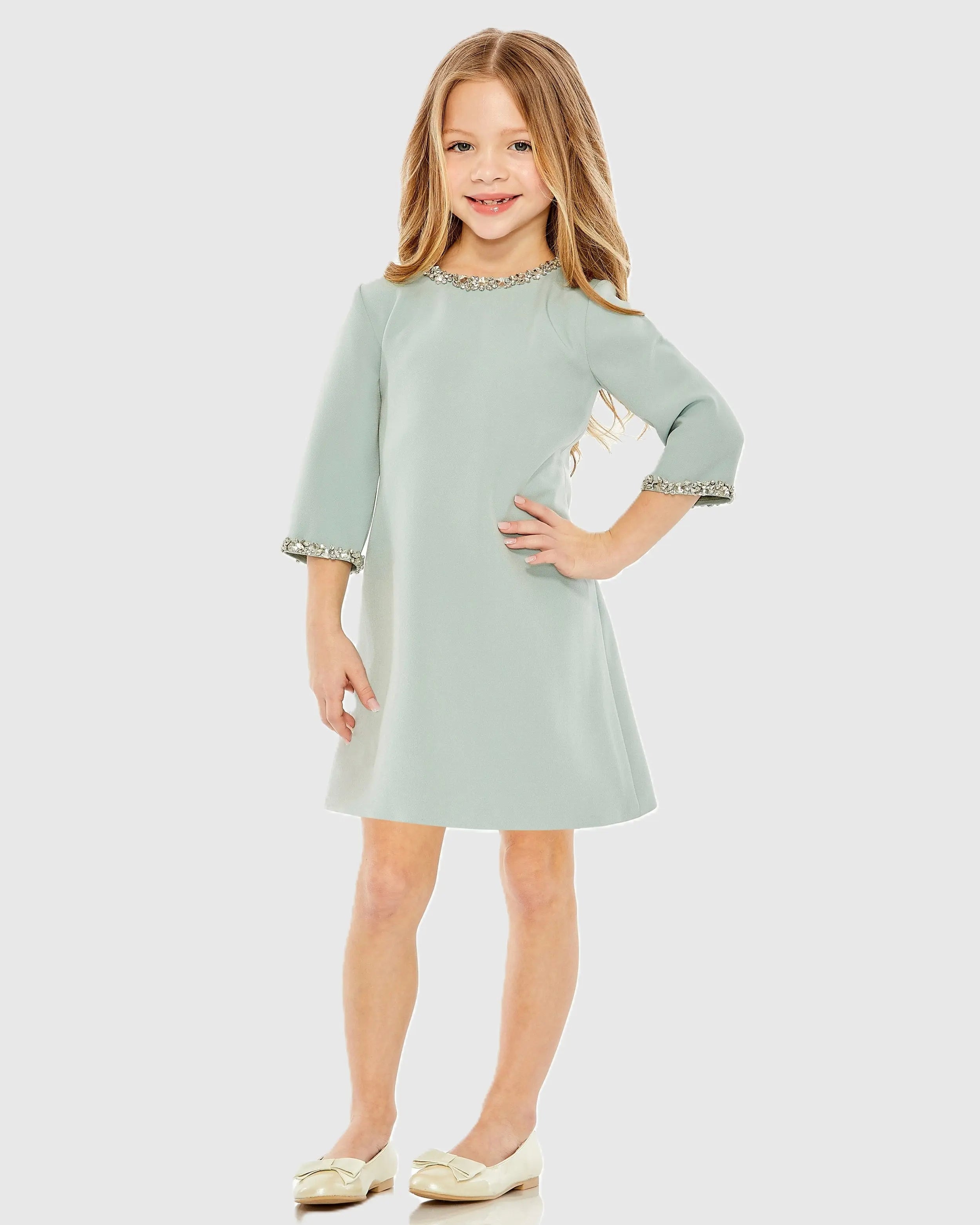 Girls Green Rhinestone Beaded A-Line Mini Dress