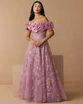 Purple Off The Shoulder 3D Floral Embroidered A-Line Gown