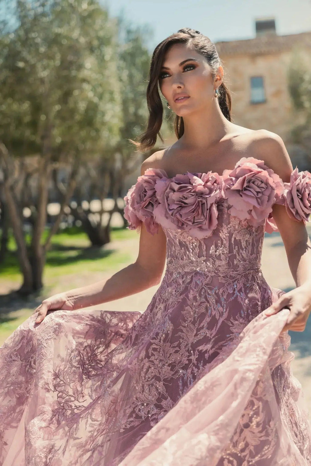 Purple Off The Shoulder 3D Floral Embroidered A-Line Gown
