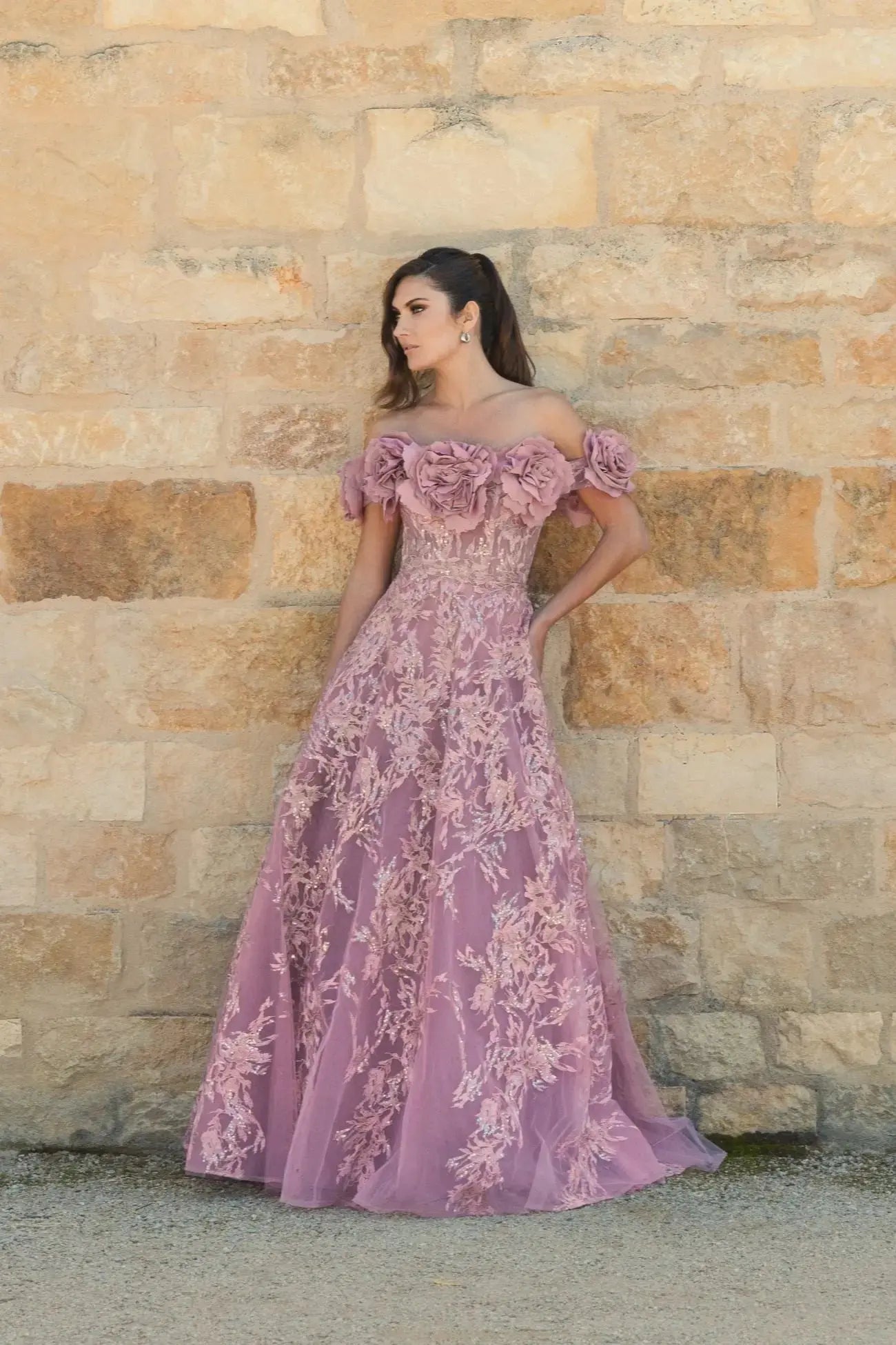 Purple Off The Shoulder 3D Floral Embroidered A-Line Gown