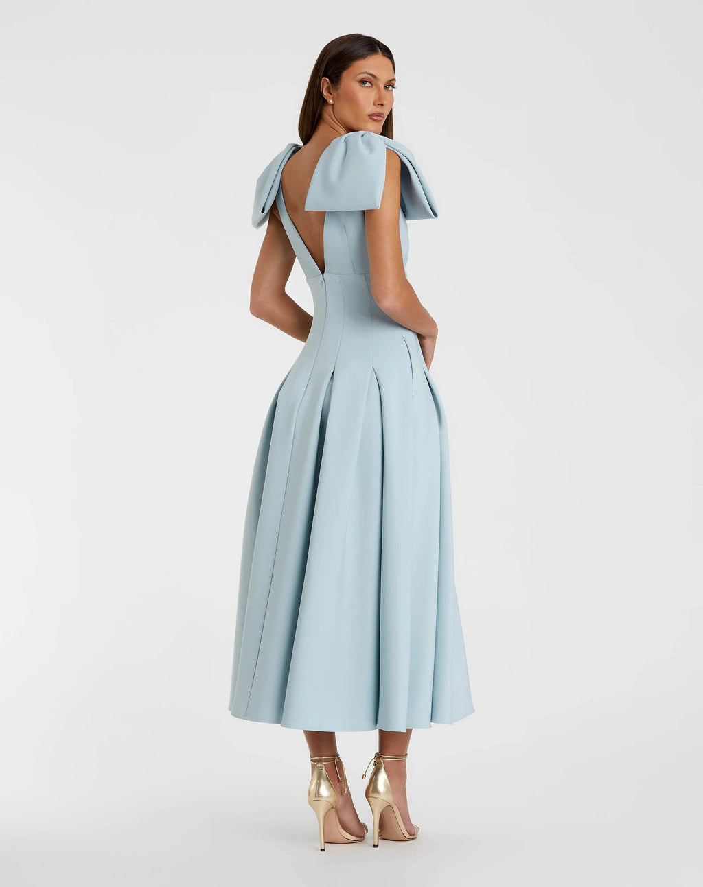 Blue Crepe A Line Midi Dress With Bow Straps