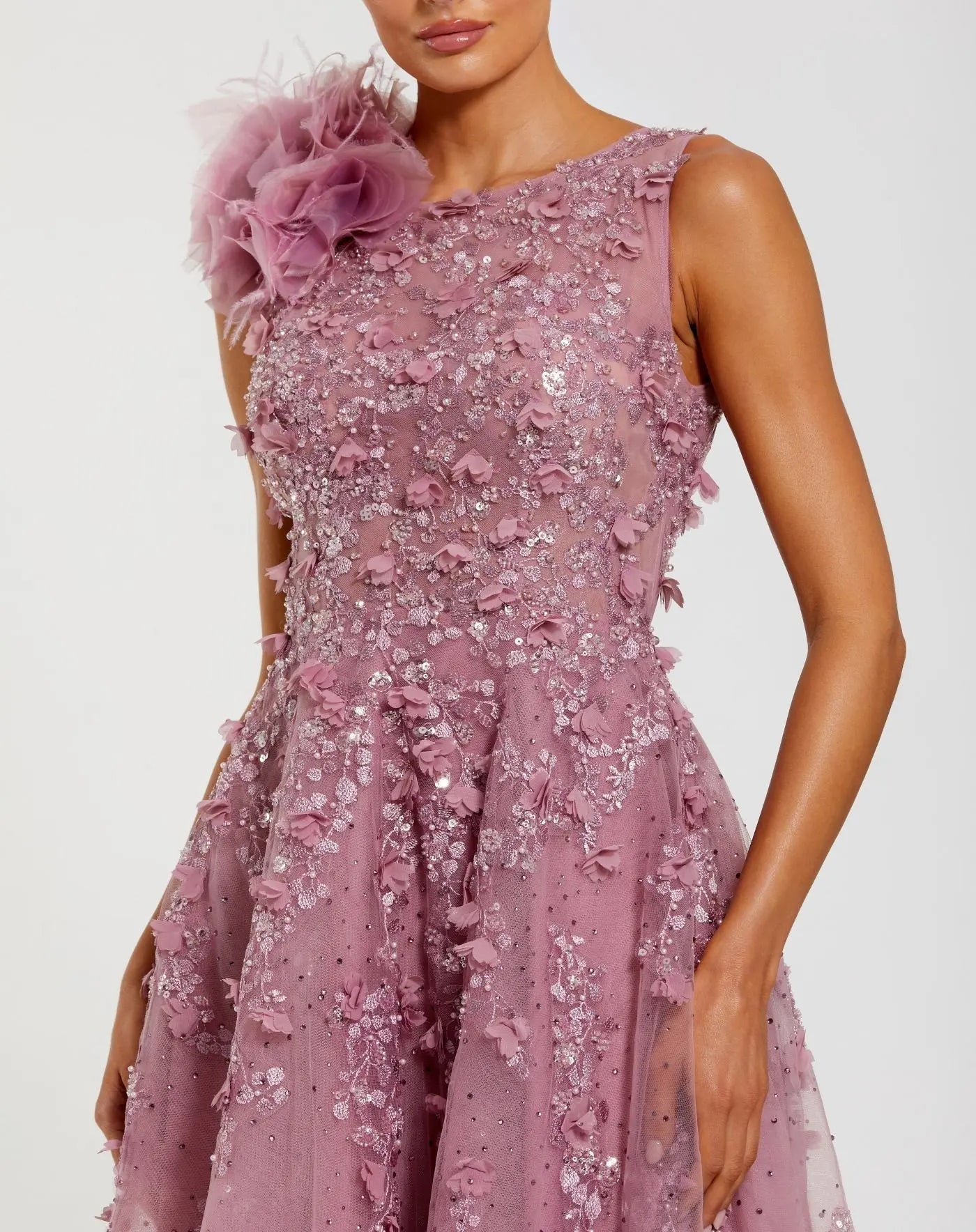 Purple High Neck Embellished Midi Dress with 3D Flower