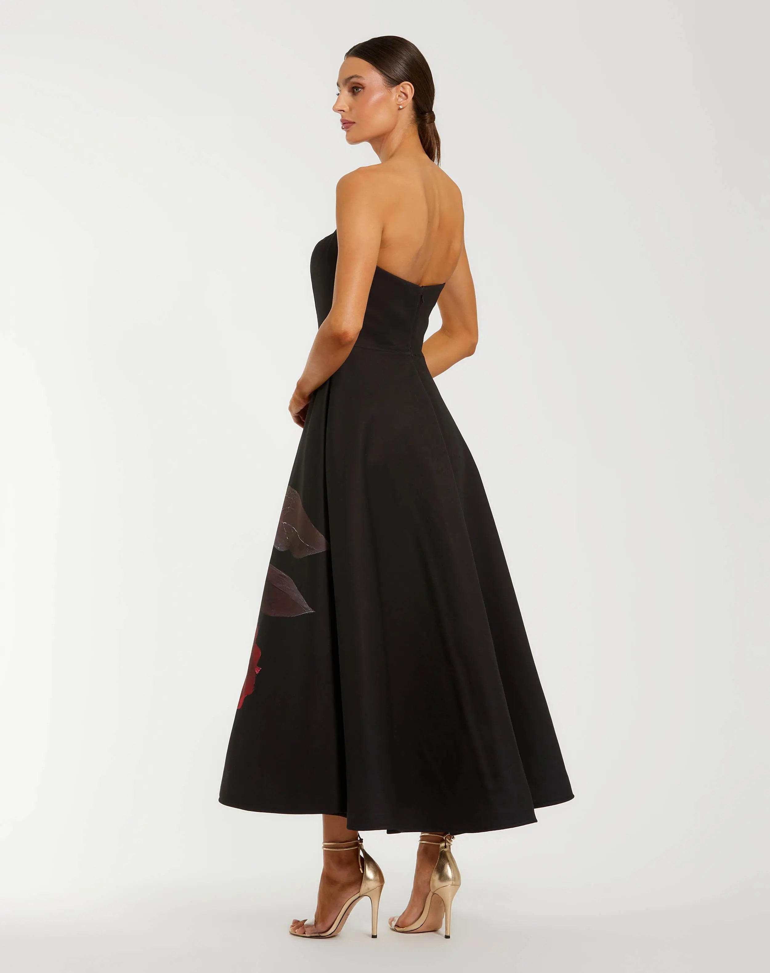 Black Satin Printed Strapless Midi Dress With Pockets