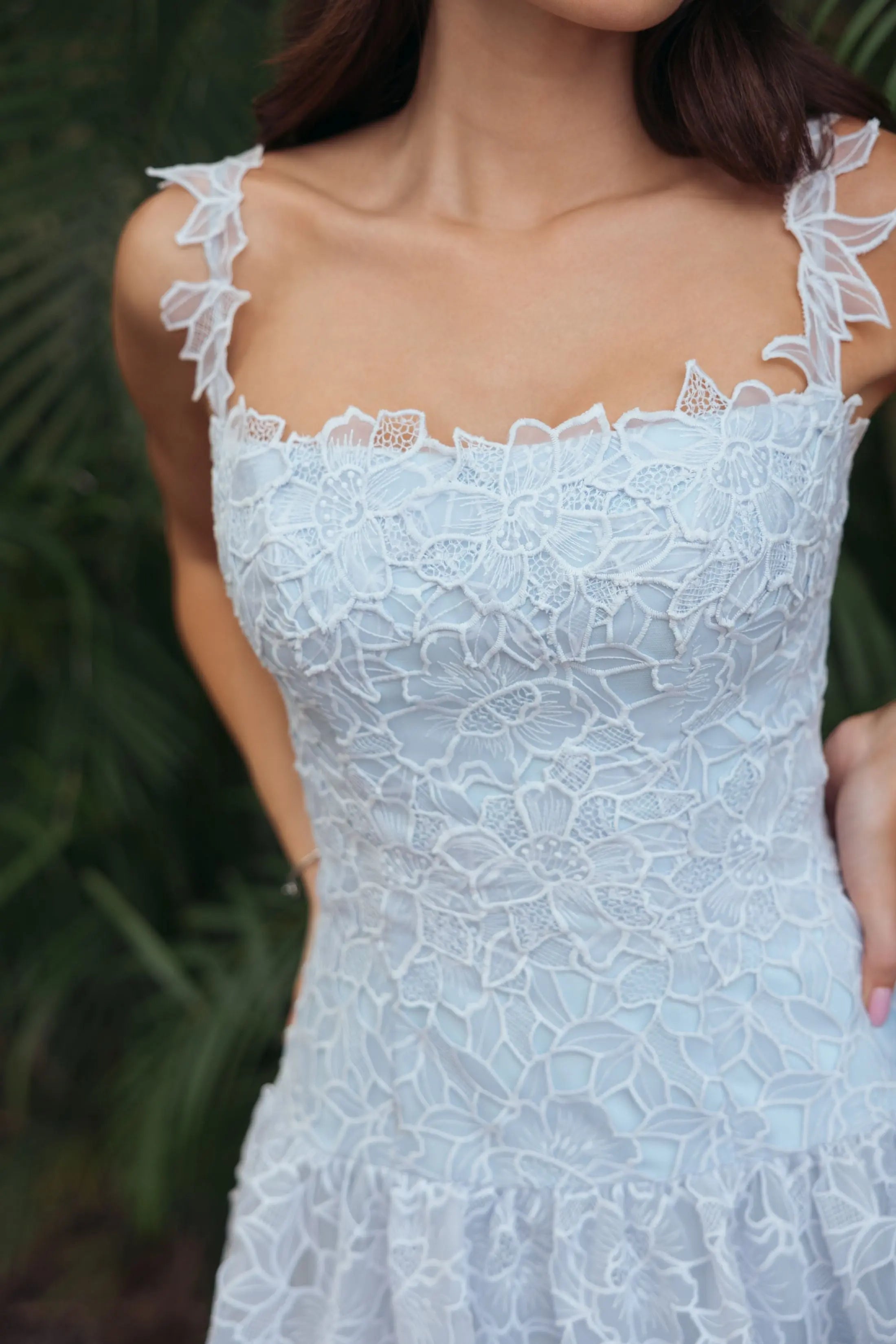 Blue Sleeveless Embroidered Lace Tiered Midi Dress