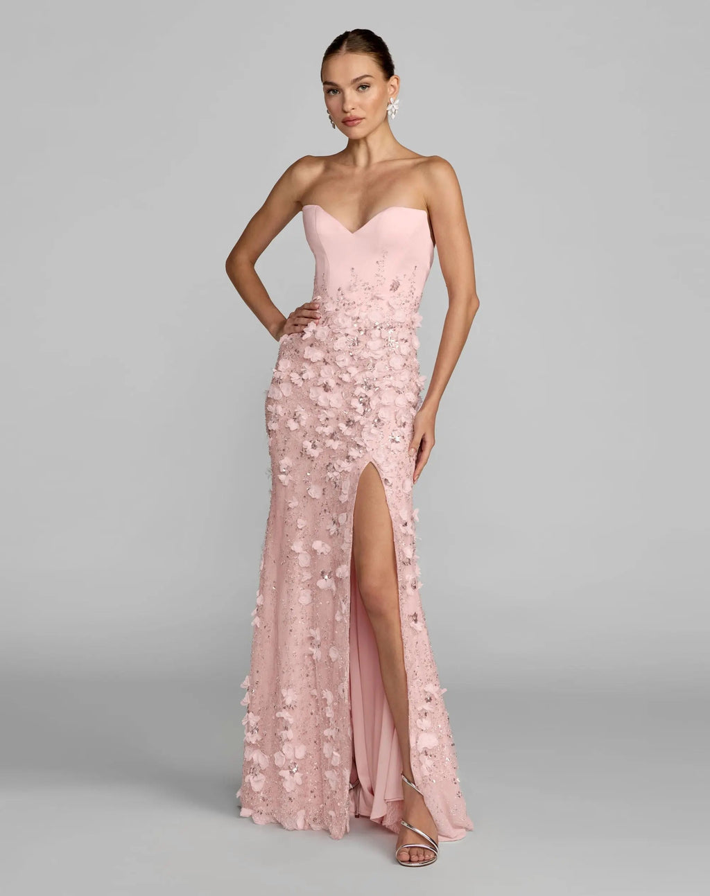Pink Floral Satin Strapless Sweetheart Gown With Slit