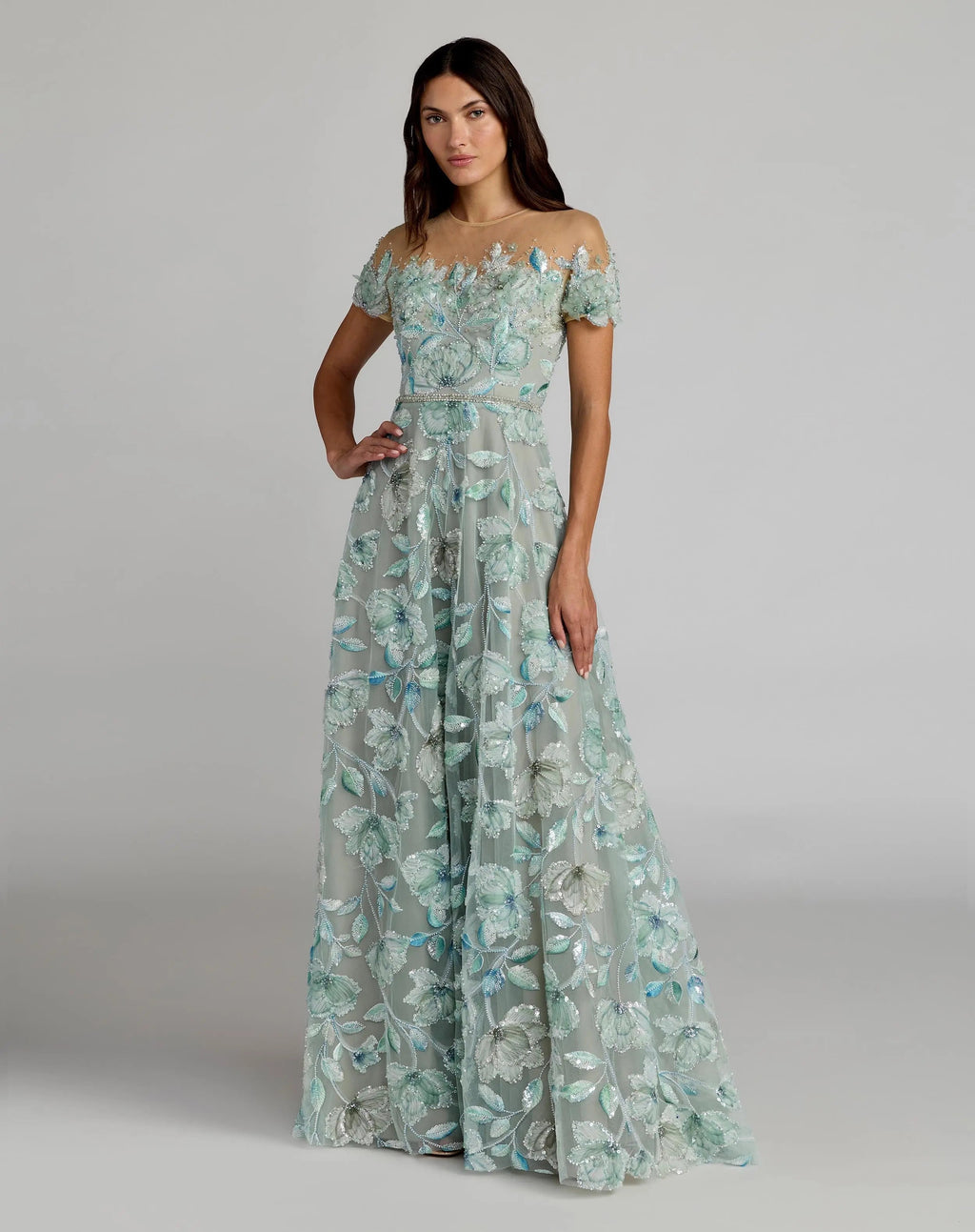 Green High Neck Cap Sleeve Embellished A-Line Gown