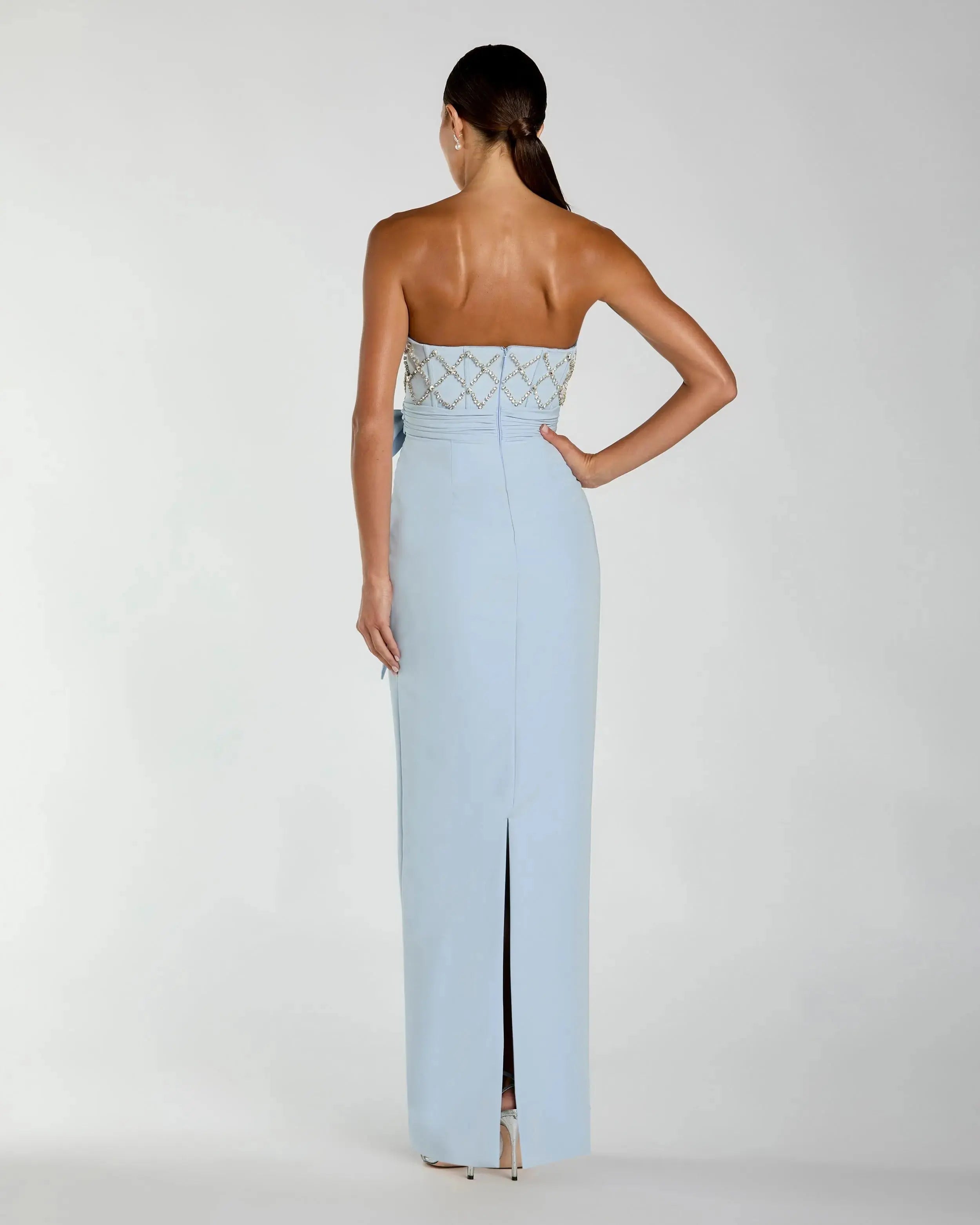 Blue Strapless Embellished Crepe Gown With Bow