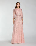 Pink High Neck Embellished Gown With 3/4 Sleeves