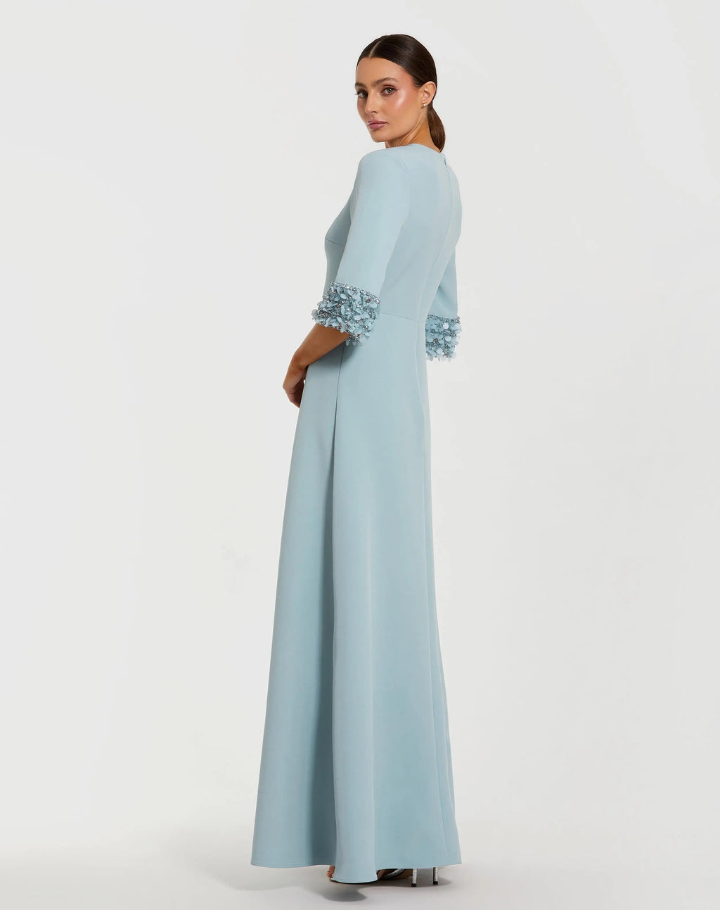Blue A-Line Crepe Gown With Embellished 3/4 Sleeves