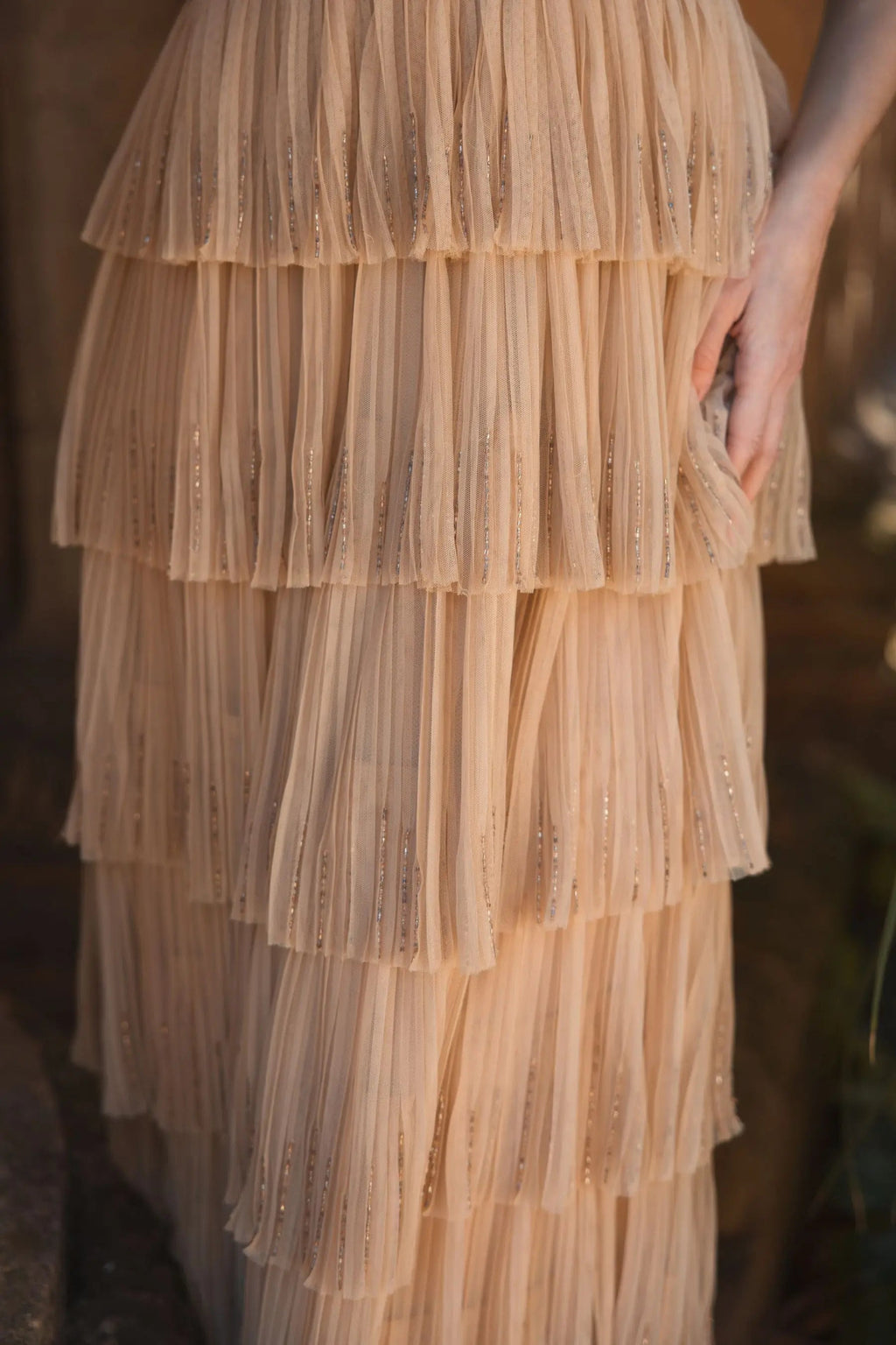 Beige Beaded Mesh V Neck Gown With Tiered Ruffles