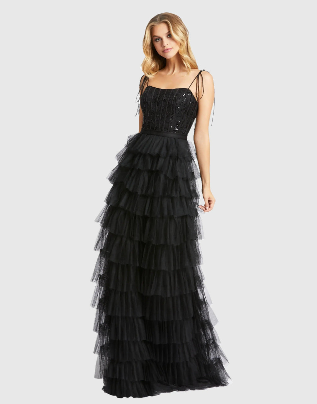 Black Sequined Bustier Tiered Ruffle Gown - FINAL SALE