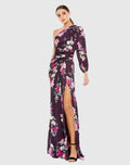 Purple One Sleeve Floral Print Charmeuse Gown With Slit
