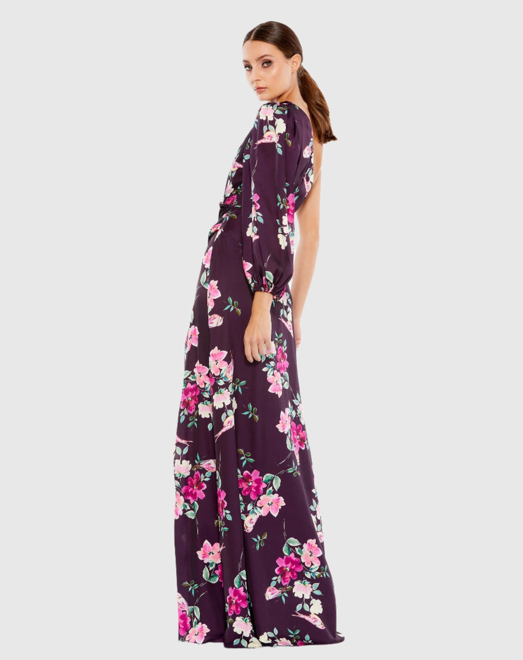 Purple One Sleeve Floral Print Charmeuse Gown With Slit