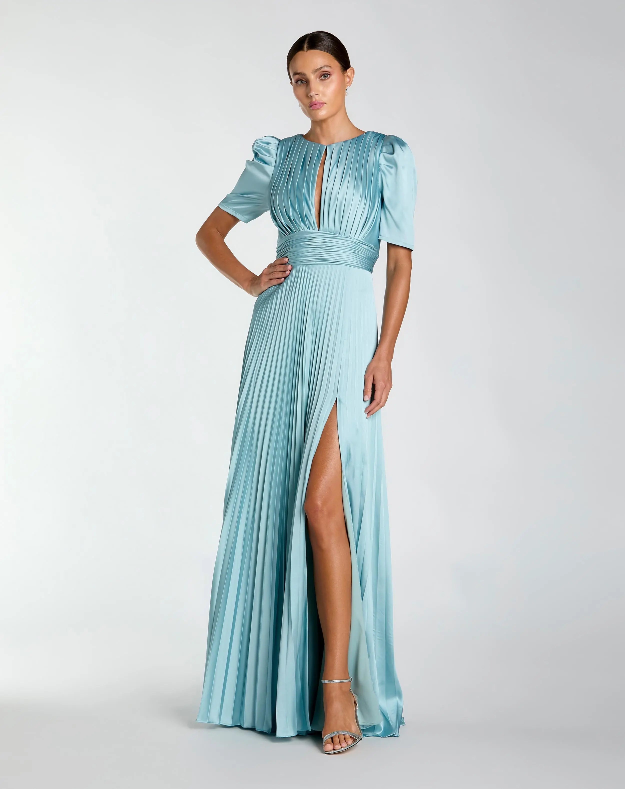 Blue Pleated Charmeuse Puff Sleeve Gown With Slit