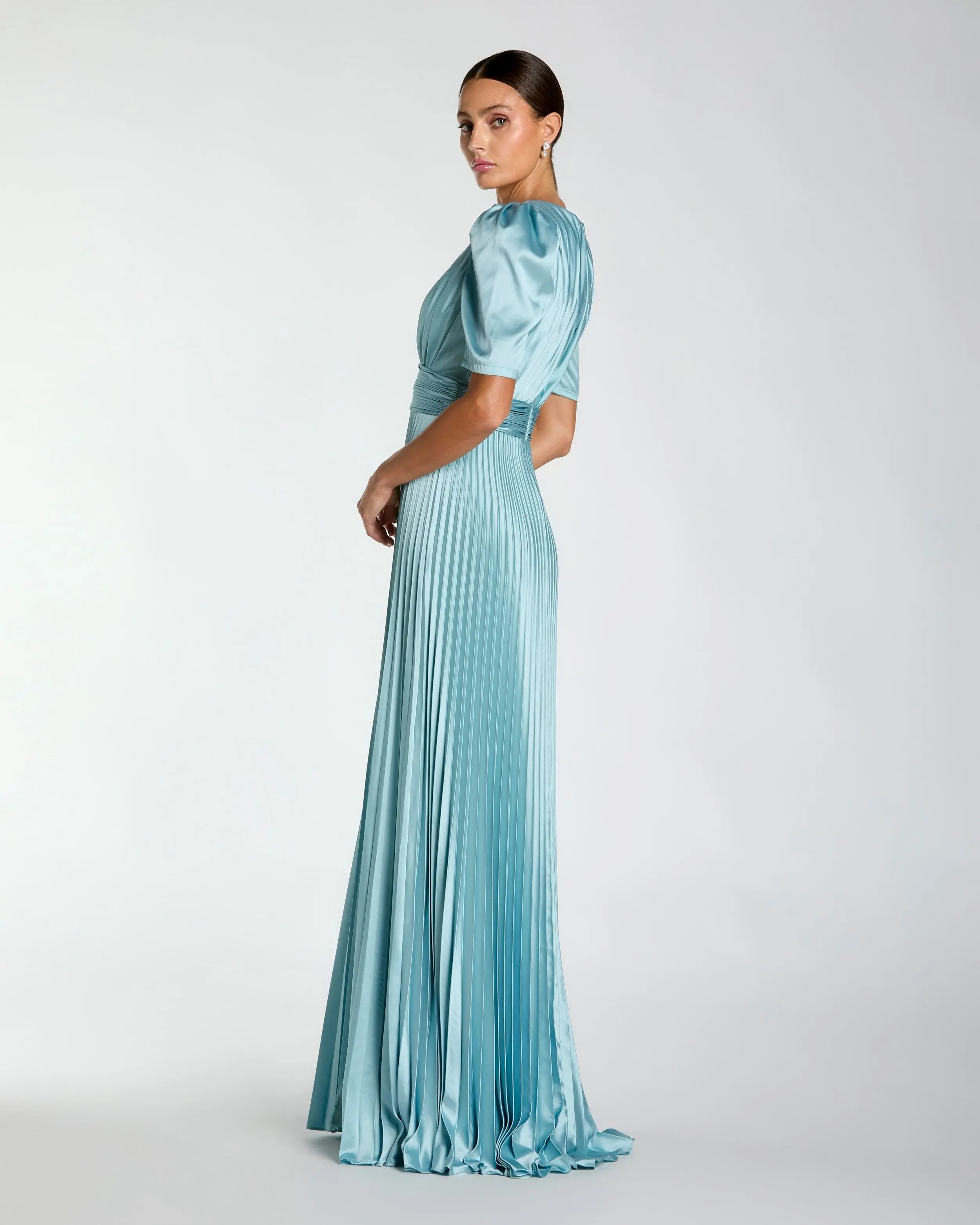 Blue Pleated Charmeuse Puff Sleeve Gown With Slit