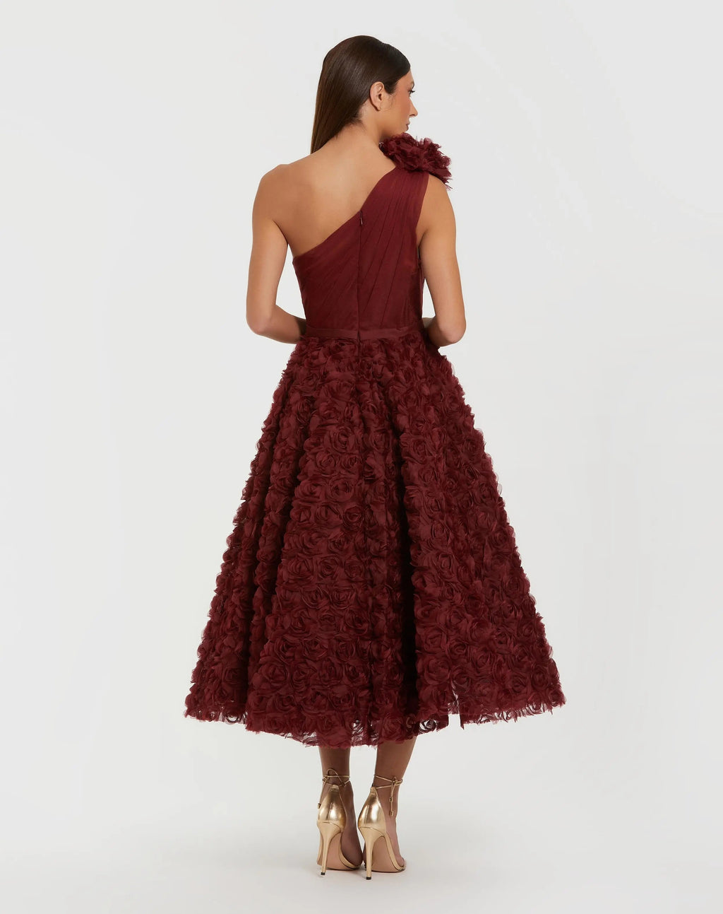 Red One Shoulder 3D Floral Rosette Midi Dress