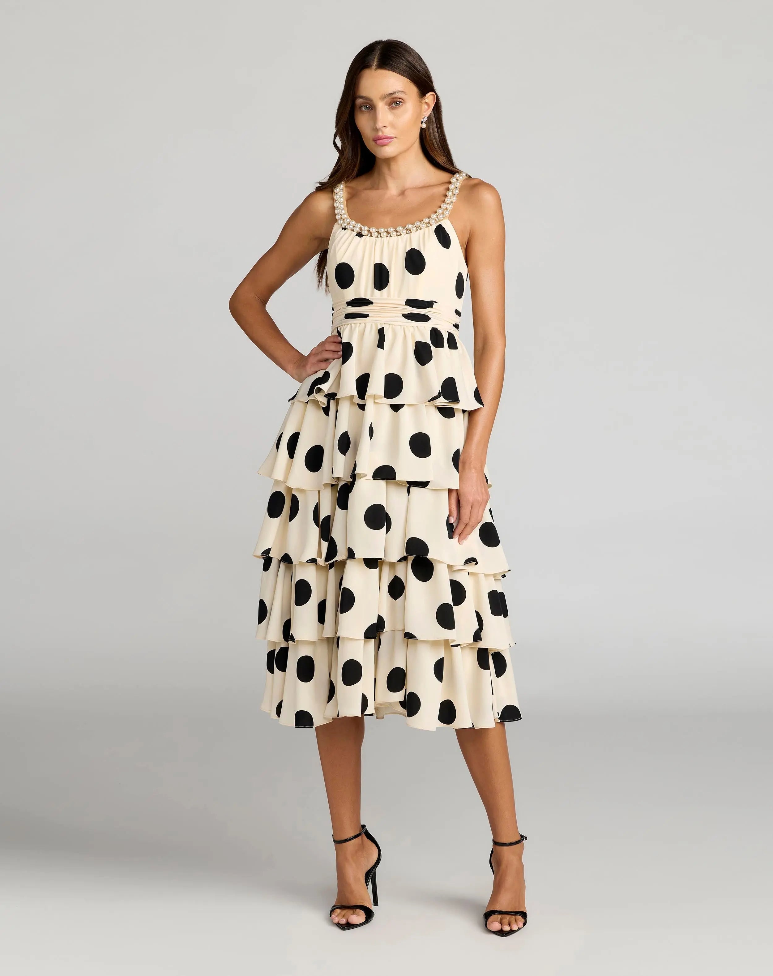 Beige Polka Dot Pearl Trim Ruffle Midi Dress