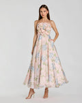 Pink Strapless Floral Organza Midi Dress With Flower