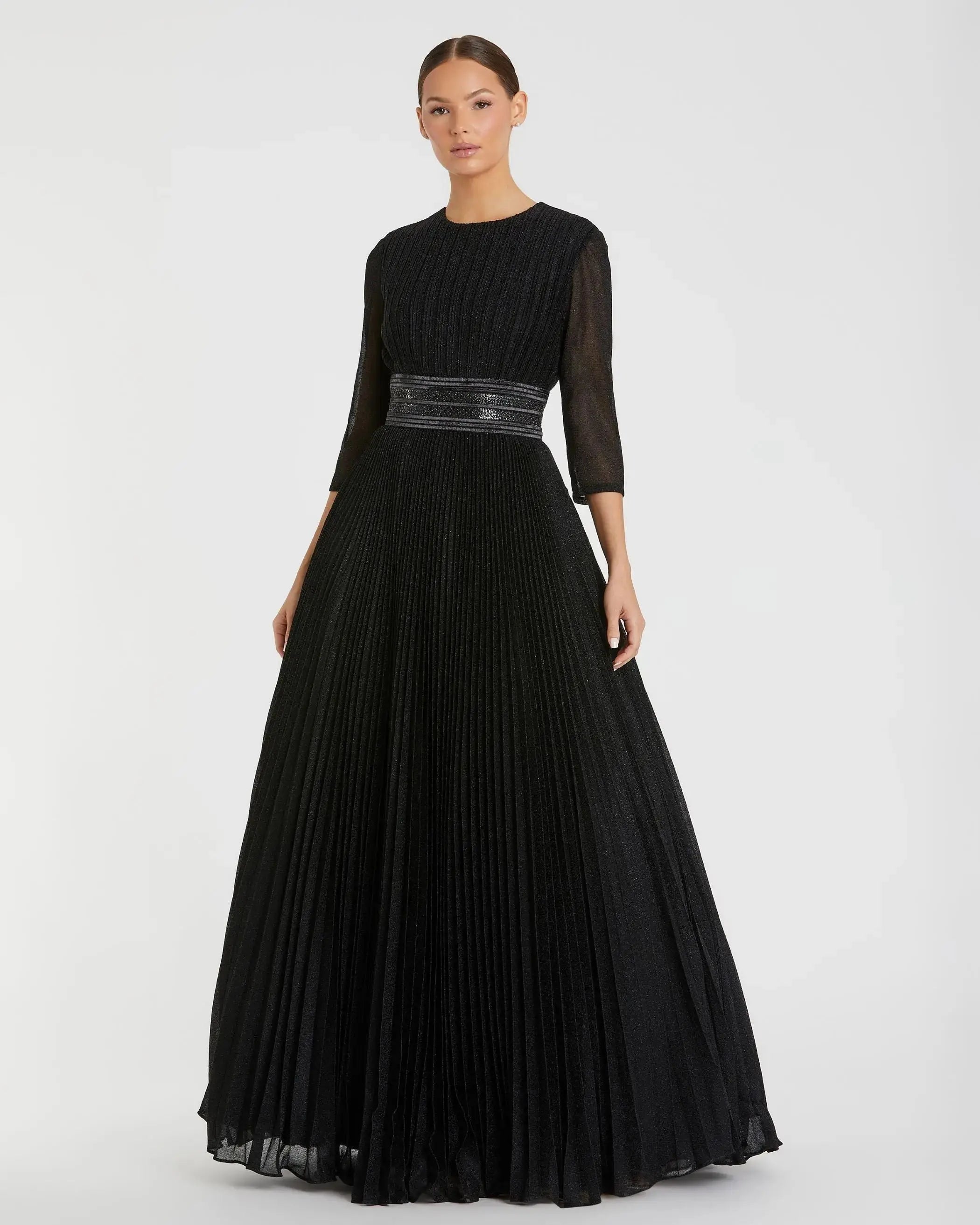 Black  Shimmering Pleated  3/4 Sleeve Ball Gown
