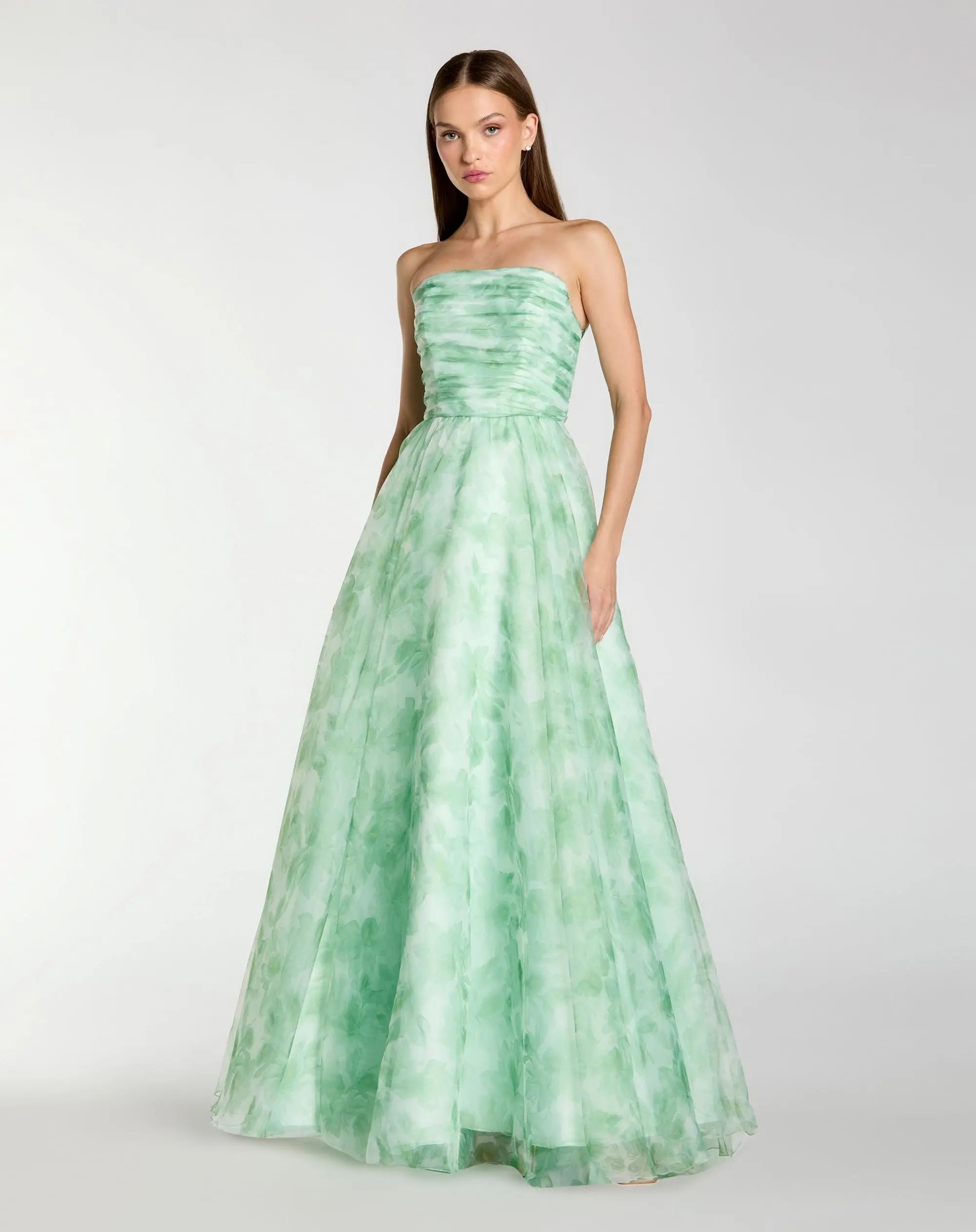 Green Strapless Floral Chiffon Gown with Ruched Detail