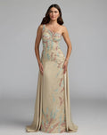 Beige One Shoulder Embellished Gown With Train