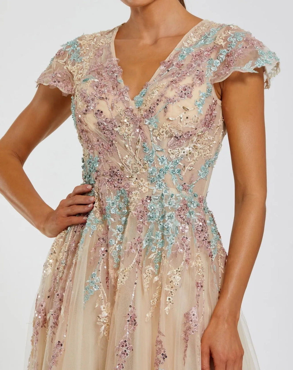 Beige Embroidered Tulle V-Neck Gown