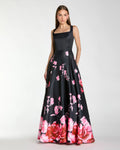 Black Square Neck Floral Print Ball Gown
