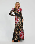 Black Embellished Floral Long Sleeve Backless Gown
